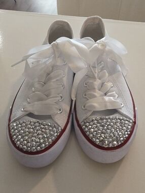 White Embellished Women's Canvas Sneakers with Satin Laces